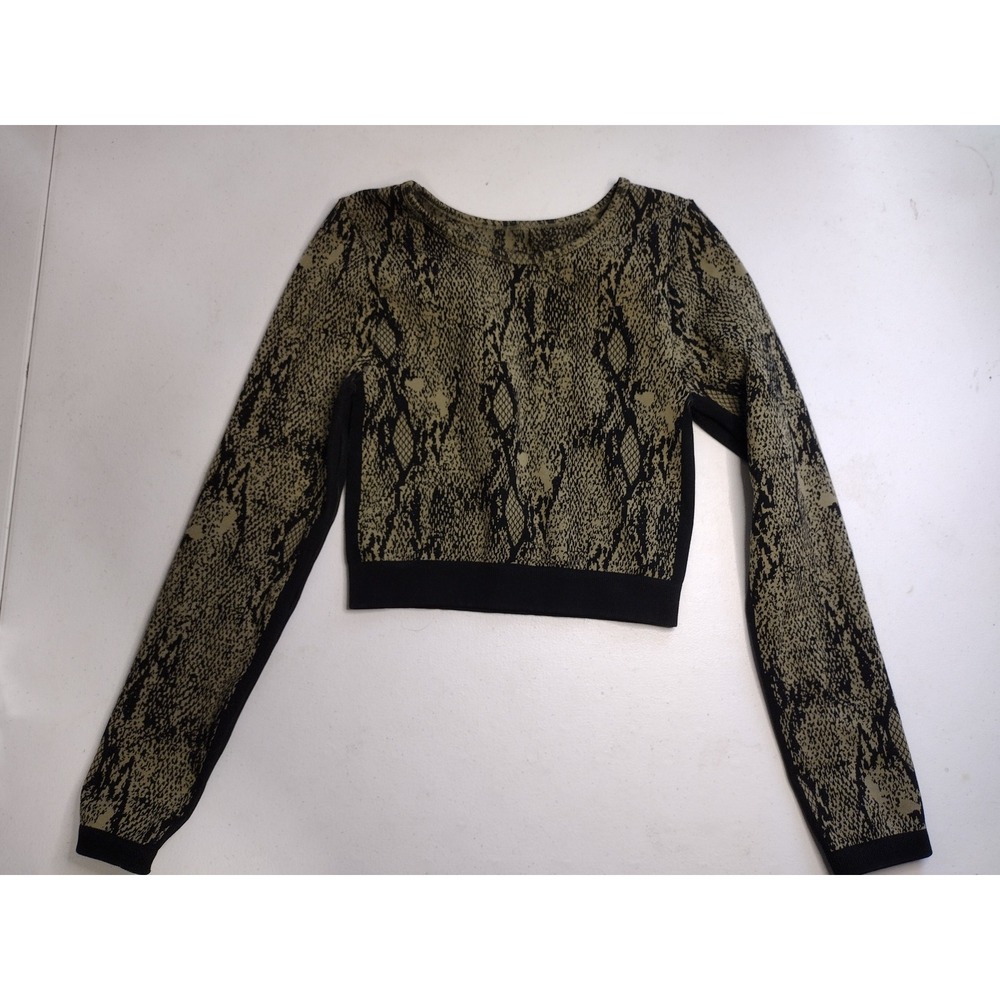 Womens Olive Green Snakeskin Print Cropped Long Sleeve Knit Sweater Crew Neck